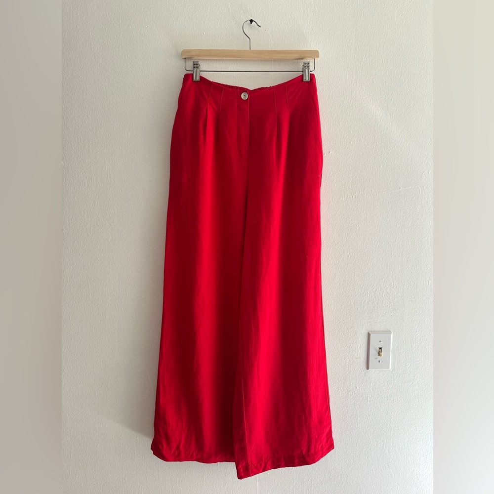 Linen Cropped Red Wide-Leg Pants